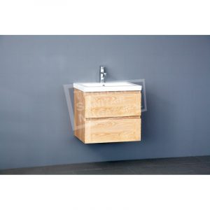 Sanilux Wood Keramic 60 cm Badmeubel Eiken met 2 lades Greeploos Softclose zonder kraangaten met Spiegel
