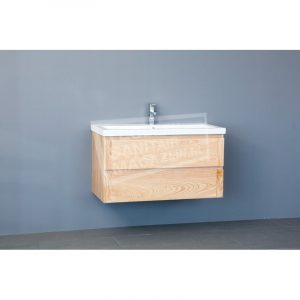 Sanilux Wood Keramic 80 cm Badmeubel Eiken met 2 lades Greeploos Softclose zonder kraangaten met Spiegel